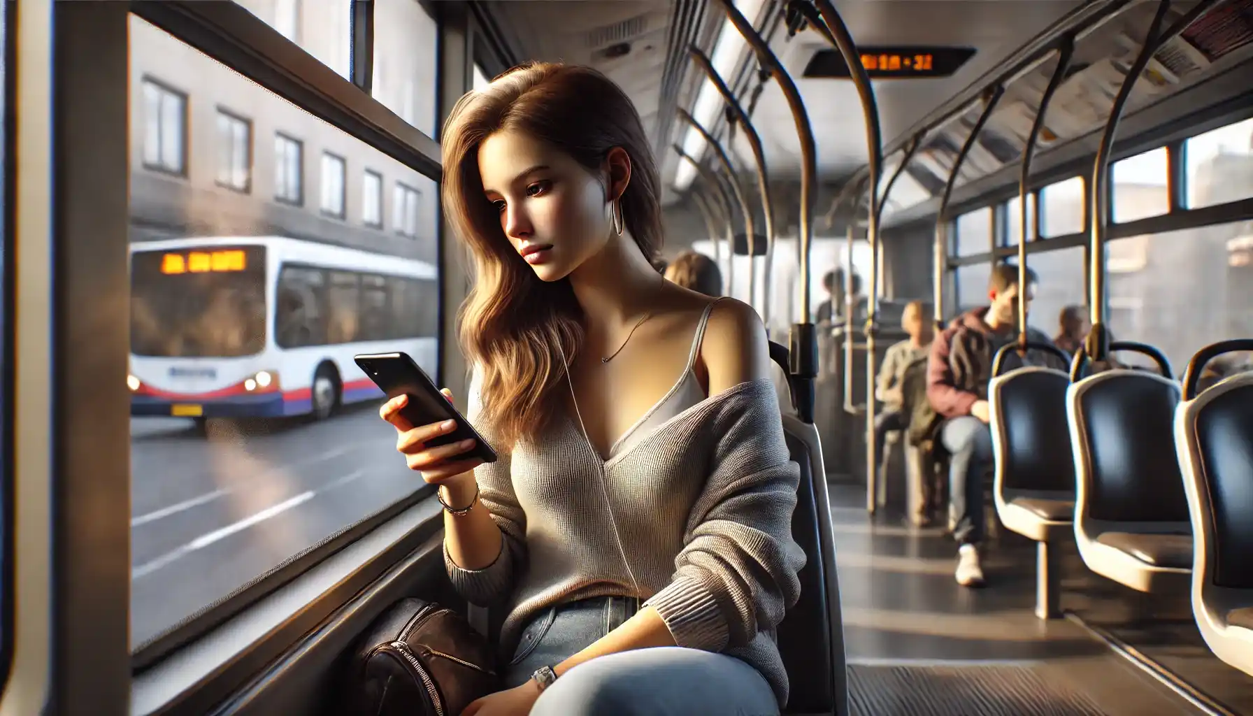 a young woman using her phone while commuting on a city bus.