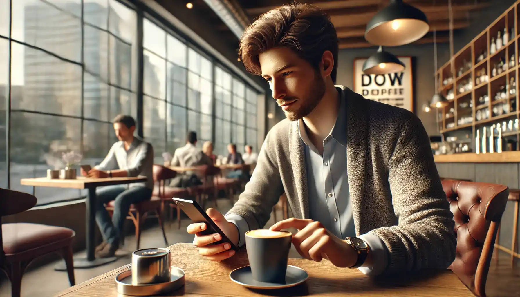 a man using his phone in a cozy café. He is sitting at a wooden table with a cup of coffee.