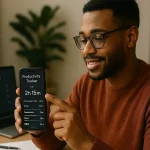 A man is engaging with a productivity tracker app on his smartphone, actively monitoring his screen time and tasks.