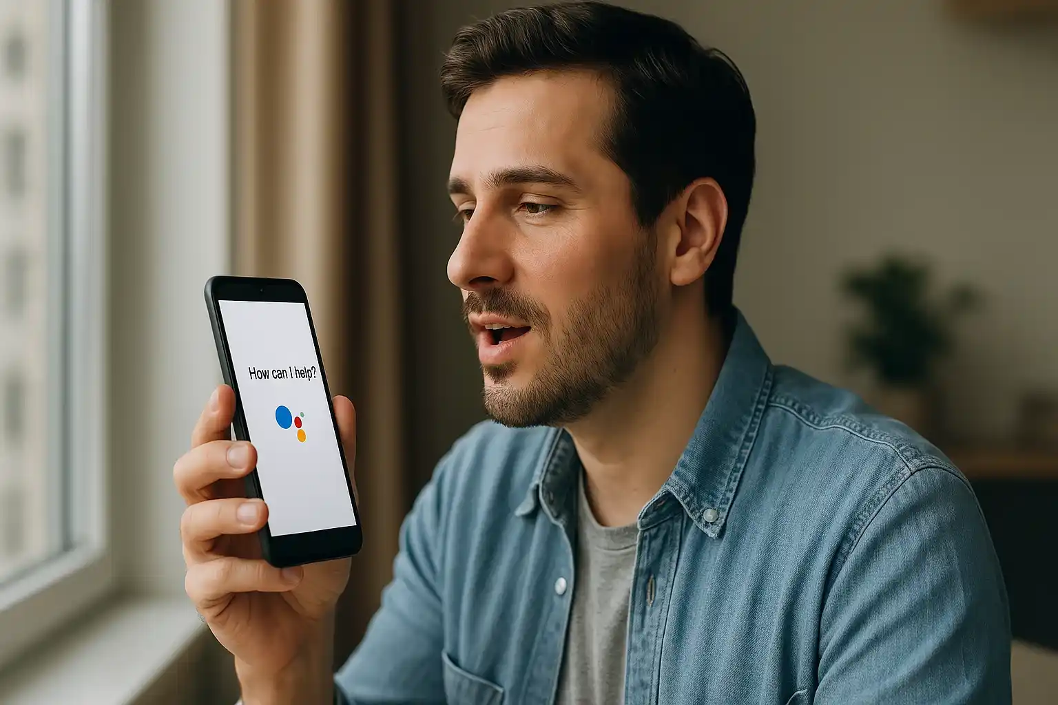 A man is speaking to Google Assistant on his phone in a calm and focused atmosphere.