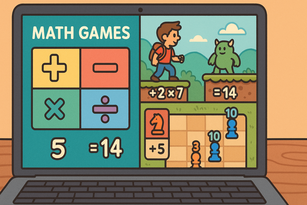 Various types of online math games, including puzzle, adventure, and strategy games on one screen.
