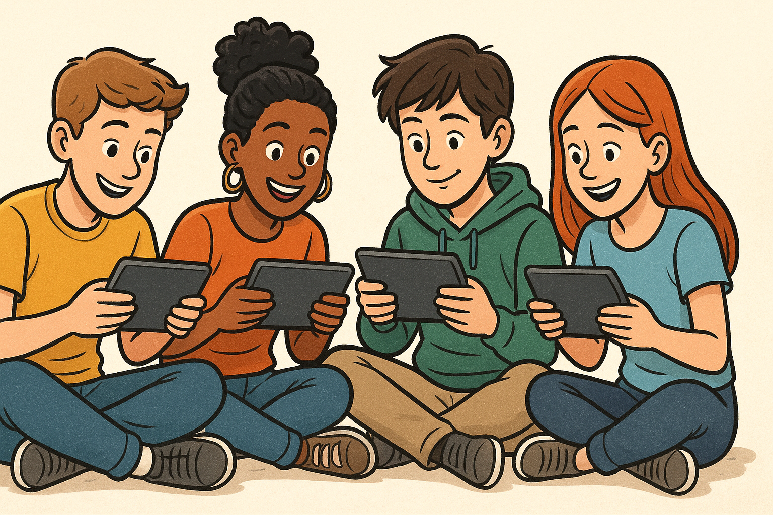 A group of teens playing together with tablets in their hands.
