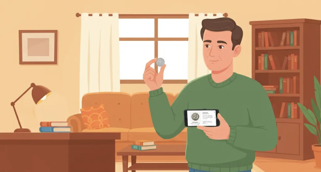 man holds a coin in one hand and a phone in the other one