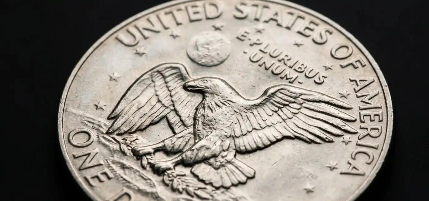 close-up of a 1974 Eisenhower dollar coin reverse